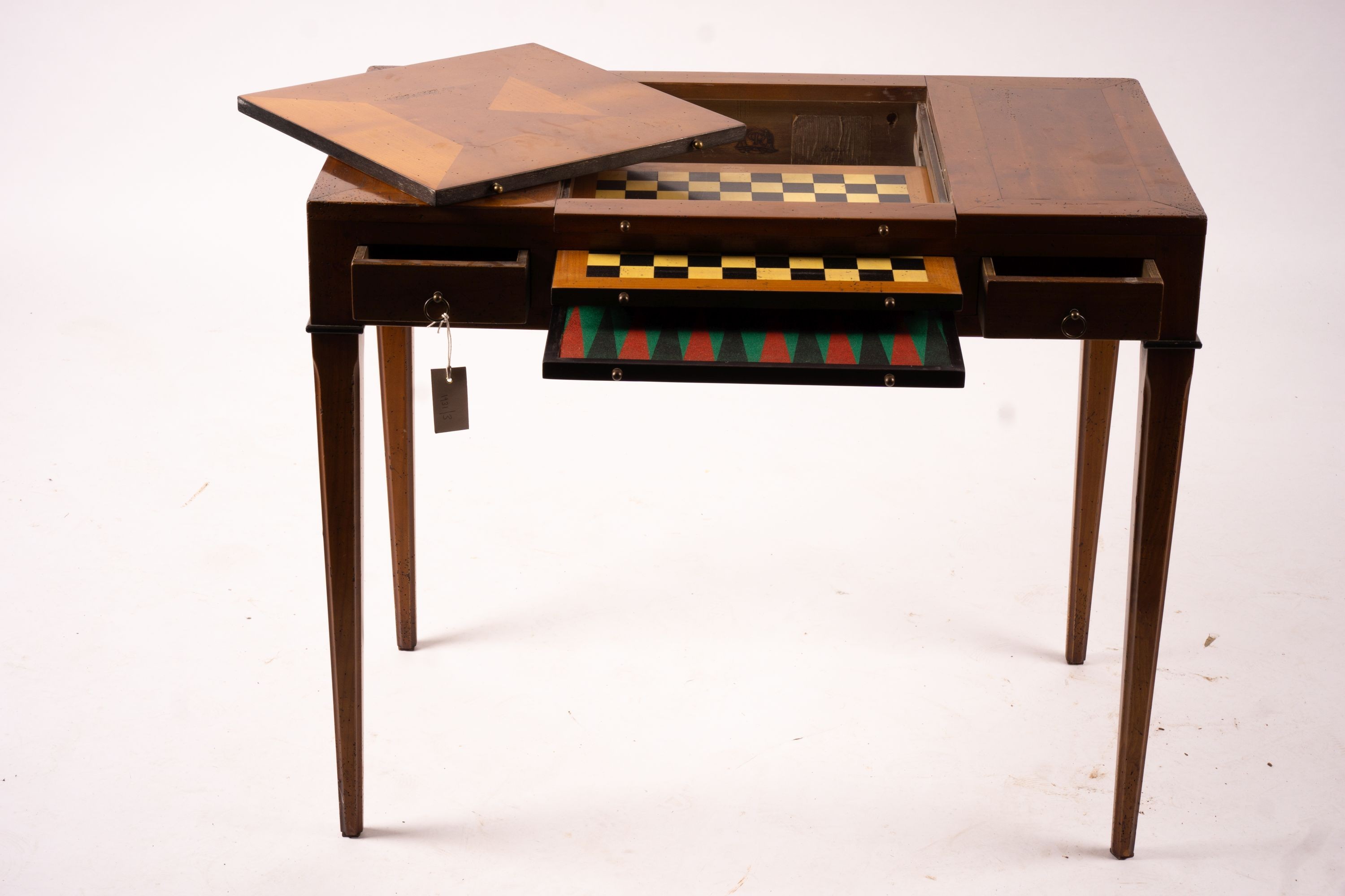 A George III style cherry wood games table with backgammon and chess interior, width 90cm, depth 50cm, height 75cm